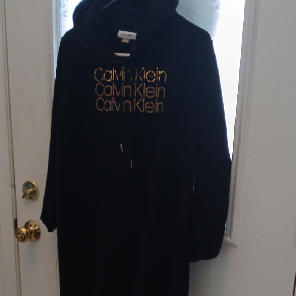 Calvin Klein Black Sweatshirt Hoodie Dress with Gold Accents